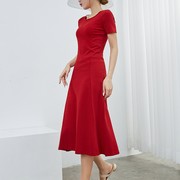 大红色大方短袖连衣裙夏季中老年，百搭纯色性感，露背修身显瘦a字裙