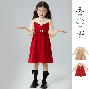 女童秋装连衣裙公主裙女孩洋气针织裙泡泡袖童裙儿童毛衣裙红裙子