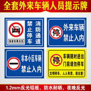 外来车辆和人员请登记标志牌，消防通道禁止停车牌出入门口减速慢行