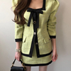 韩国chic小香风方领蝴蝶结，单排扣长袖外套，+高腰格纹半身裙套装女