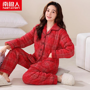 睡衣女士秋冬款纯棉三层，夹棉袄加厚红色妈妈保暖家居服套装