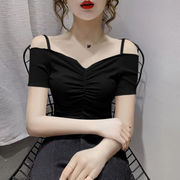 短袖t恤女夏季韩版修身显瘦性感露肩锁骨一字领上衣ins潮