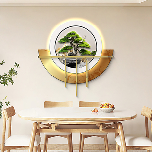 新中式苍松翠柏餐厅装饰画，高档无框叠加氛围灯画客厅，玄关壁饰挂画