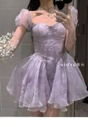 紫色扎染连衣裙夏季温柔奶甜方领泡泡袖仙女公主裙小个子蓬蓬短裙