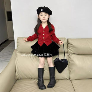 韩版女童2024秋冬圣诞新年红色针织开衫上衣女宝宝丝绒裙套装