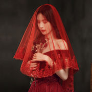 红盖头新娘红色头纱结婚纱礼服，秀禾服中式复古风纱短款蕾丝旅拍照
