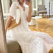 夏季白色刺绣连衣裙法式短袖修身中长裙气质淑女跨境外贸女装