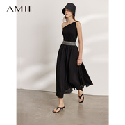 Amii2024夏季a字半身裙女优雅黑色长裙绣花橡筋腰雪纺裙子