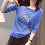蓝色纯棉t恤女七分袖2024夏季简约中袖美式气质韩版潮牌上衣