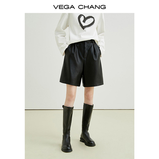 vegachang黑色皮裤，女春秋2024年韩版宽松显瘦高腰五分裤阔腿