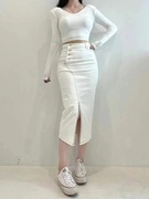 韩国女装2023秋款优雅修身高腰侧系扣开衩白色半身中长裙