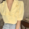 黄色娃娃领衬衫女夏短袖韩国雪纺可爱木耳边翻领减龄上衣甜美夏季