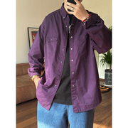 日潮紫标工装衬衫青年日系cityboy 复古小众休闲宽松口袋纯色长袖