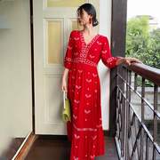 2024红色连衣裙女夏季海边度假裙重工刺绣收腰显瘦长裙880常规袖