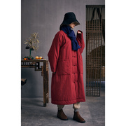 壹易女装暗紫红色斜纹，棉麻手工盘扣，超宽松保暖棉衣大袍81102