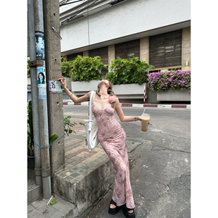 Xinlei Lin“花园华尔兹”粉色碎花吊带连衣裙长裙女春夏裙子