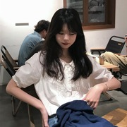 甜美韩系娃娃领短袖衬衫，女春季2024设计感小众白色泡泡袖上衣