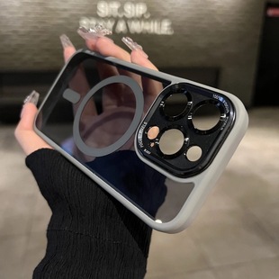 钛灰色磁吸金属镜头适用苹果15promax手机壳14pro透明黑magsafe硅胶，iphone15plus小众高级感13pm保护套男
