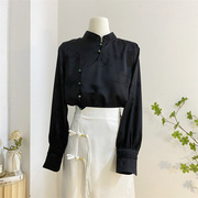 黑色新中式立领衬衫女2024春设计感复古气质，缎面提花国风小衫上衣