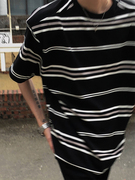 日系潮牌夏季黑白条纹t恤男士韩版宽松休闲短袖半袖体恤百搭