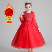 女童红色礼服裙周岁生日新年拜年服花童婚纱，钢琴演出服儿童公主裙