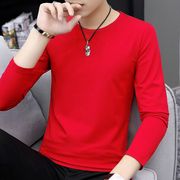 红色t恤男长袖圆领本命年小衫纯色衣服秋季弹力，打底衫内搭秋衣