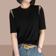 露肩纯棉短袖t恤女夏季2023休闲时尚，短款设计感小众宽松上衣