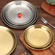 韩式拉丝不锈钢加厚圆盘，金色咖啡厅托盘水果盘蛋糕，盘骨碟菜碟浅盘
