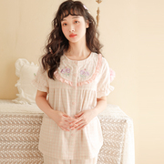 刺绣格子夏季女士透气睡衣短袖中裤纯棉双层纱甜美可爱薄款家居服