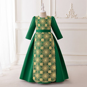 2024欧美中东迪拜印尼女童礼服裙长袖长裙绿色锻布优雅童装Dress