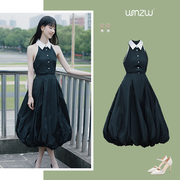 陈都灵(陈都灵)同款黑色polo领衬衫无袖上衣，+高腰蓬蓬裙半身裙长裙两件套