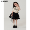 senbaby女童短袖t恤儿童夏装，套装裙女孩，蝴蝶结针织上衣+黑纱半裙
