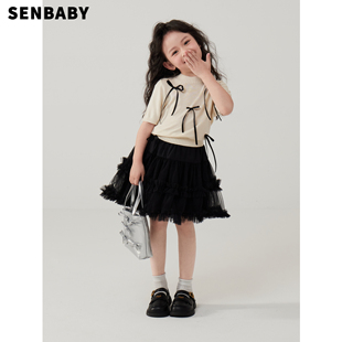 senbaby女童短袖t恤儿童，夏装套装裙女孩，蝴蝶结针织上衣+黑纱半裙