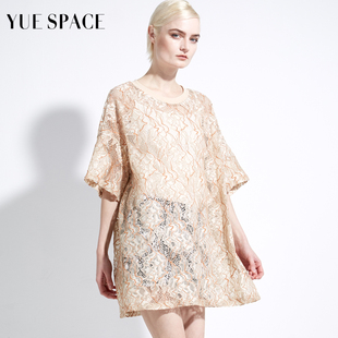 YUESPACE蕾丝衫镂空T恤宽松中长款短袖圆领女士罩衫春夏休闲气质