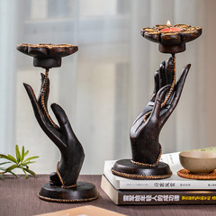 异丽泰国实木工艺品复古创意佛手莲花烛台客厅禅意茶具装饰摆件
