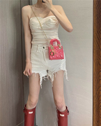 韩国小众设计时髦洋气少女感亮面甜美口红包mini菱格手提斜挎小包