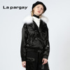 Lapargay纳帕佳2023秋冬女式黑色可拆卸毛领假两件外套棉上衣