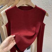 2023黑色镂空针织衫，女秋季红色露肩，短款上衣修身内搭打底毛衣