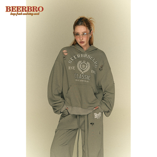 BeerBro 磨破美式连帽灰色卫衣外套女休闲阔腿裤运动套装情侣装潮