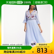 香港直邮潮奢 ASOS 女士设计蕾丝拼块褶裥刺绣浅蓝色中长连衣裙