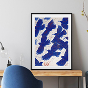 希腊画家Alecos Fassianos 蓝色飞鸟装饰画 北欧现代家居艺术挂画