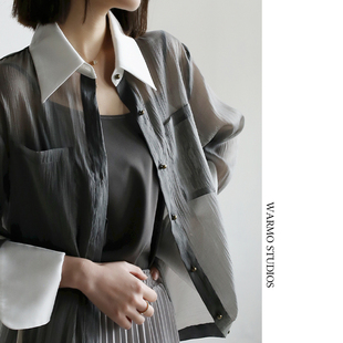 Warmo 法式设计感欧根纱春夏防晒上衣气质衬衣复古宽松两件套