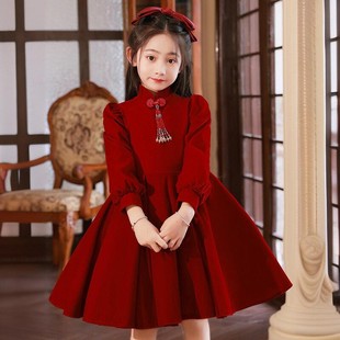 儿童礼服公主裙2024酒红色中式长袖女童主持人钢琴演出服春季