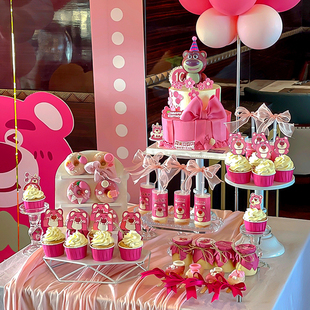 卡通可爱草莓熊主题甜品台玫红系女宝宝周岁生日小熊纸杯烘焙插件