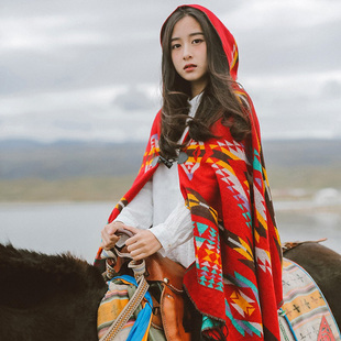 云南新疆西藏旅游红色民族风披肩，女夏连帽斗篷，空调房保暖外搭披风