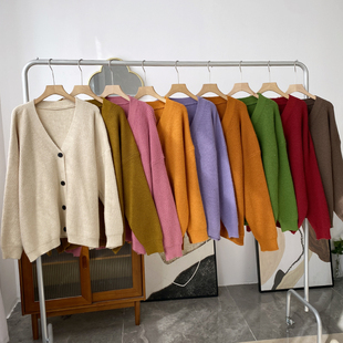 1.3斤韩版纯色宽松中长款毛衣外套长袖，v领时尚休闲洋气