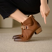 tataperko联名法式复古粗跟棕色短靴女2024冬百搭马丁靴踝靴