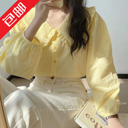 高货奶黄色长袖衬衫女春季法式复古娃娃领上衣设计感小众