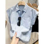 浅蓝色衬衫女夏季2023设计感小众洋气气质小衫短袖上衣衬衣潮