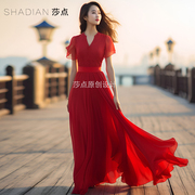红色长裙蕾丝短袖连衣裙女夏季收腰显瘦海边沙漠拍照度假长裙